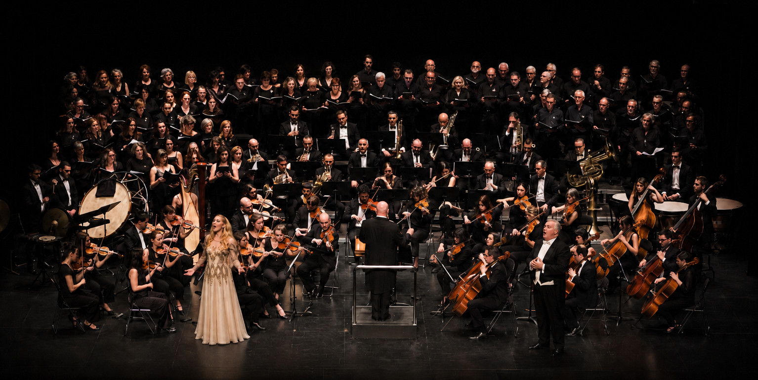 Orquesta y coro actuando sobre el escenario
